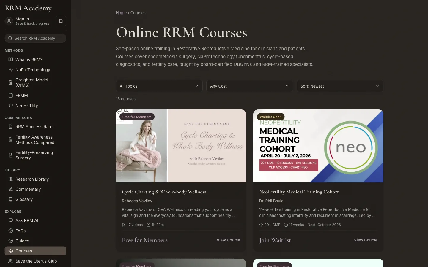 RRM Academy course catalog showing self-paced clinical training courses with enrollment options