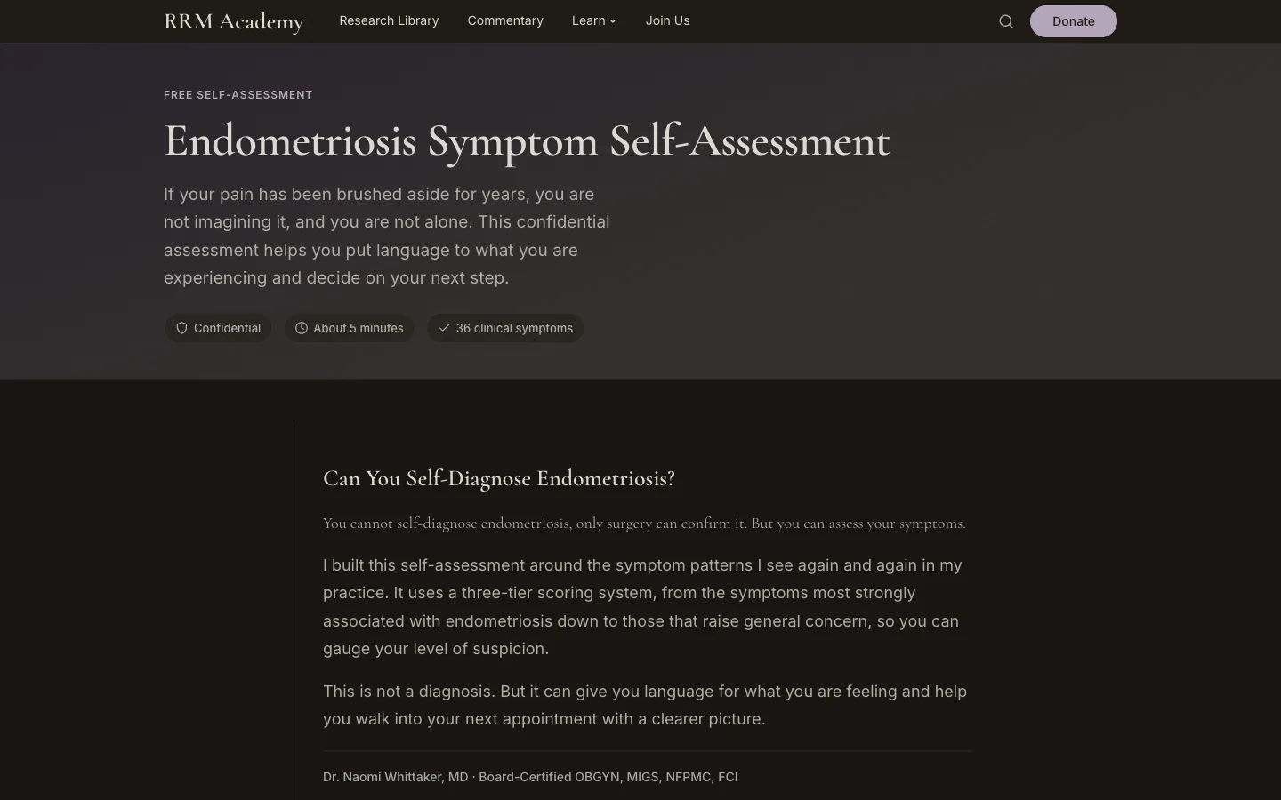 RRM Academy patient self-assessment tool with a tiered clinical scoring system