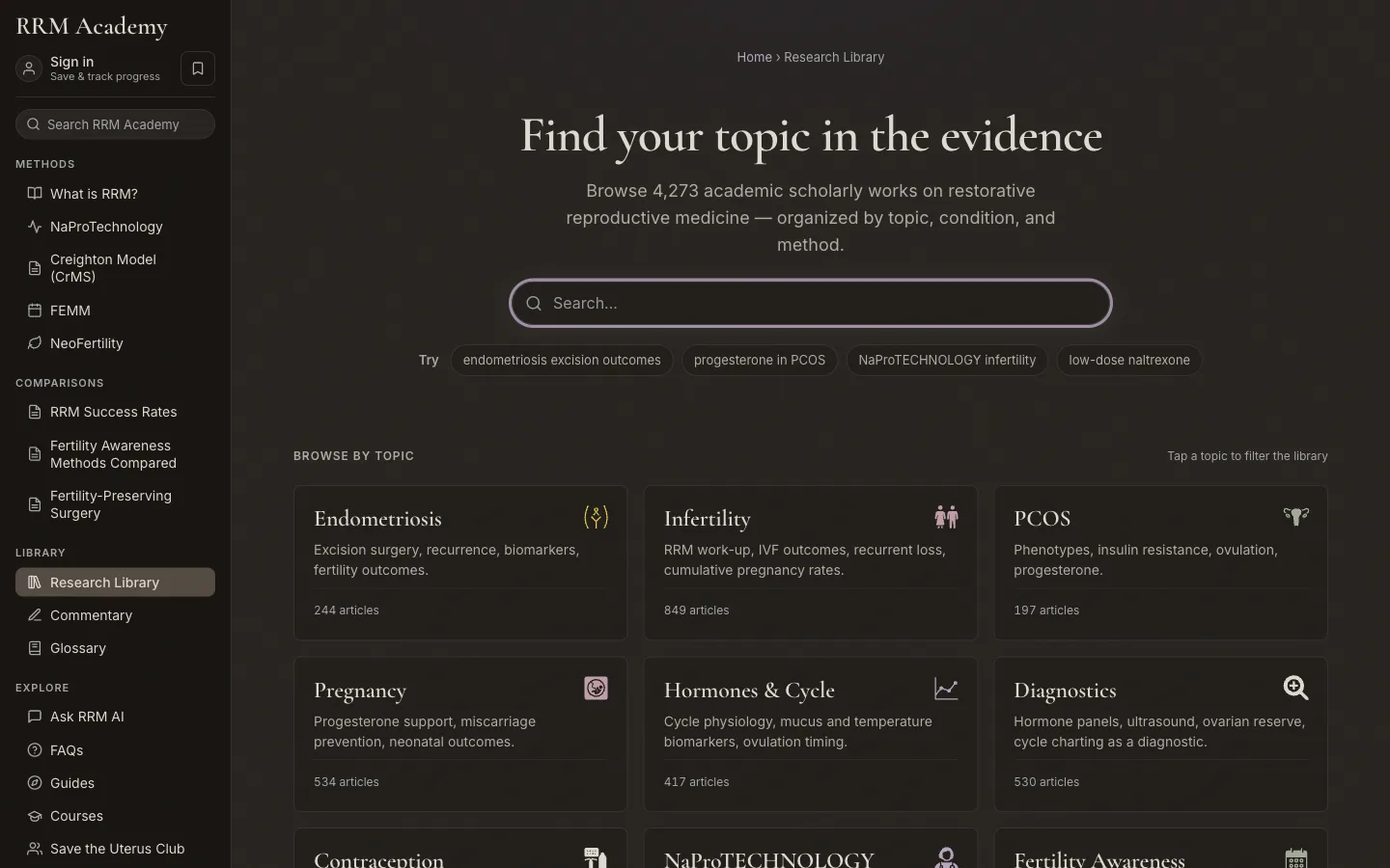 RRM Research Library, live search interface